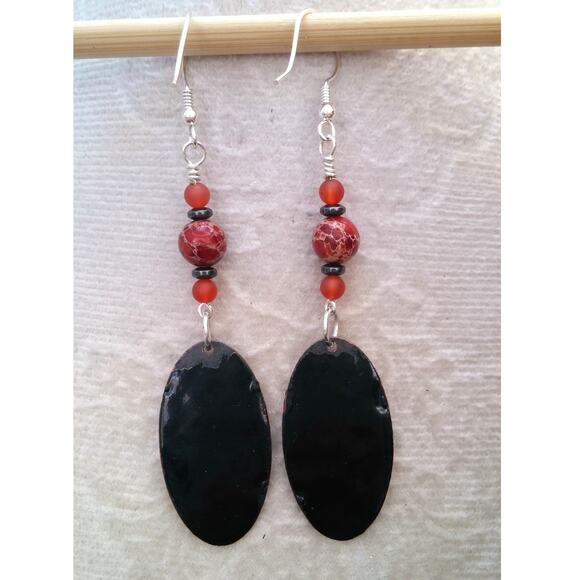 Artisan Copper Oval Statement Earrings Sophisticated Lady Enamel Red Jasper Bead - Picture 4 of 9